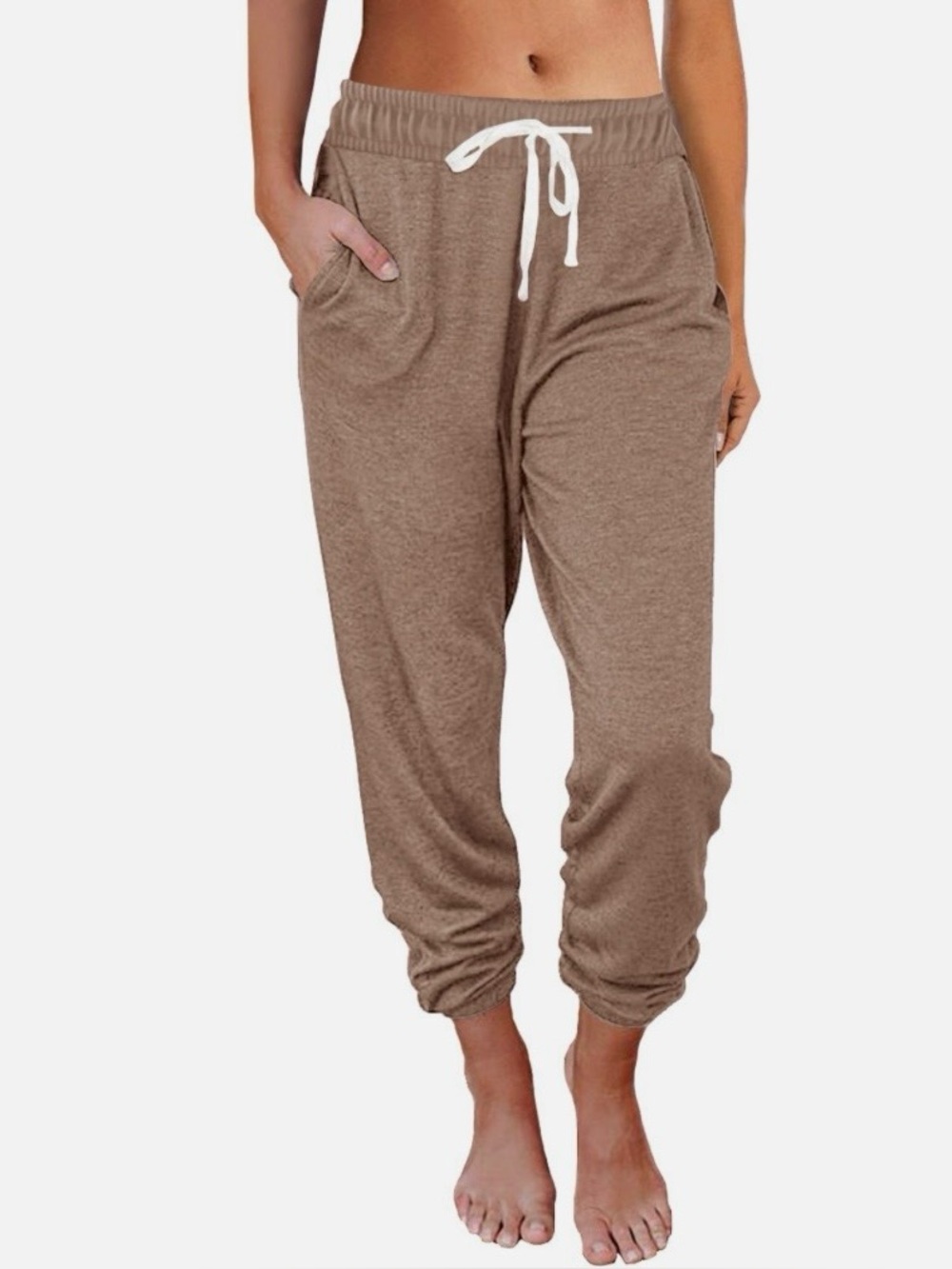 AUTOMET Pants Size M High Waisted Sweatpants Pockets Loose Lounge Pajama Brown